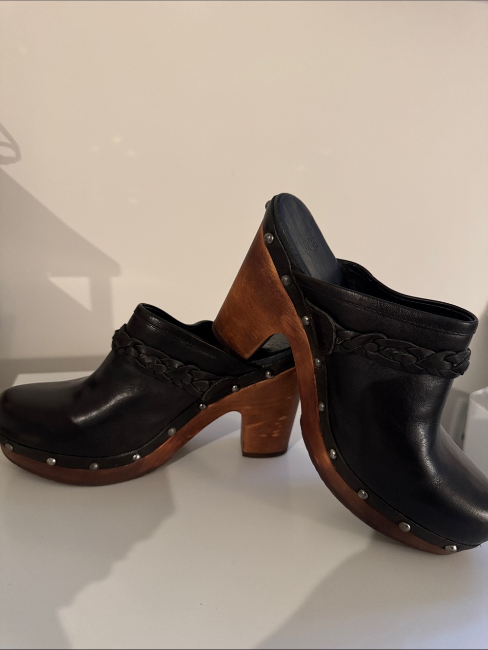 UGG Black Leather Braided Clog Mules with Wooden Heel - Picture 6 of 6